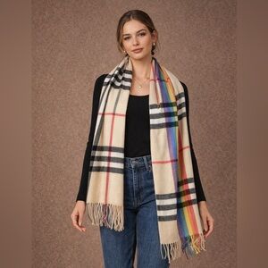 Pashmina 100% Cashmere Cream Plaid Rainbow Scarf One Size Fall Winter Cozy Chic